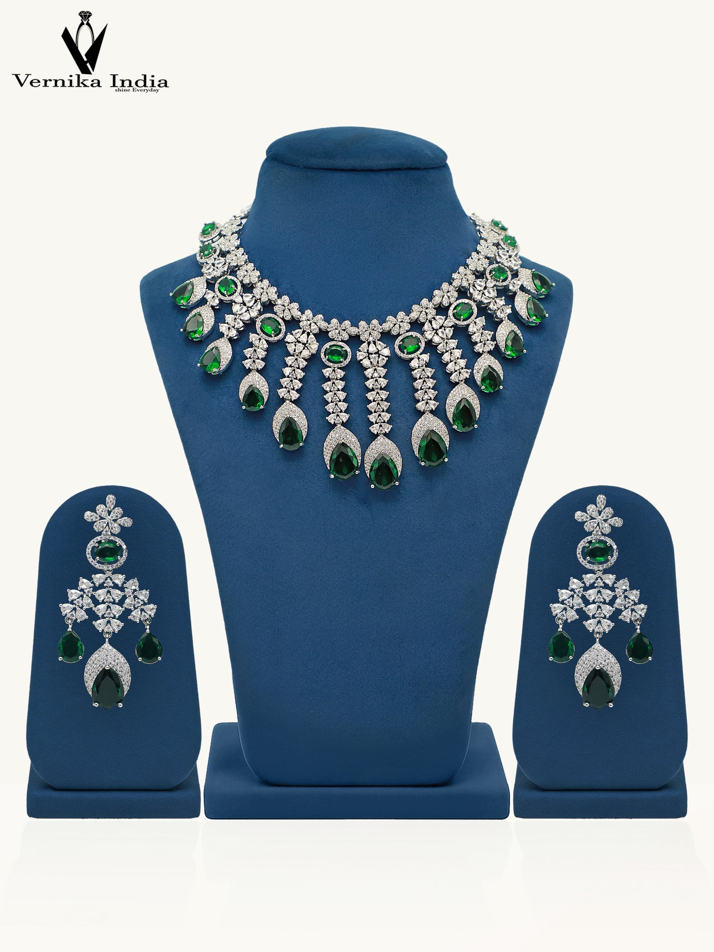 Elegant White American Diamond Necklace with green Highlights and Paired Earrings