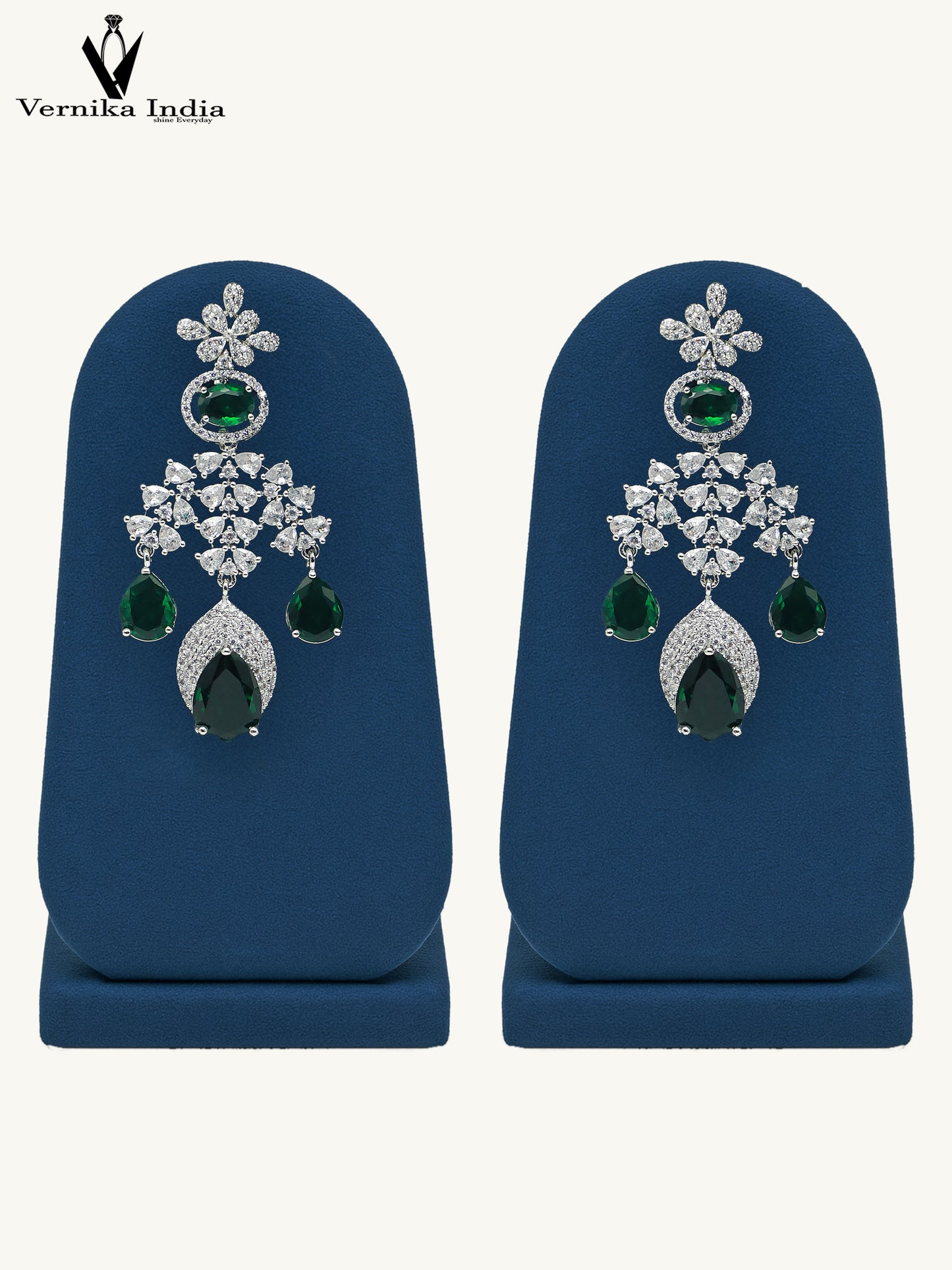 Elegant White American Diamond Necklace with green Highlights and Paired Earrings