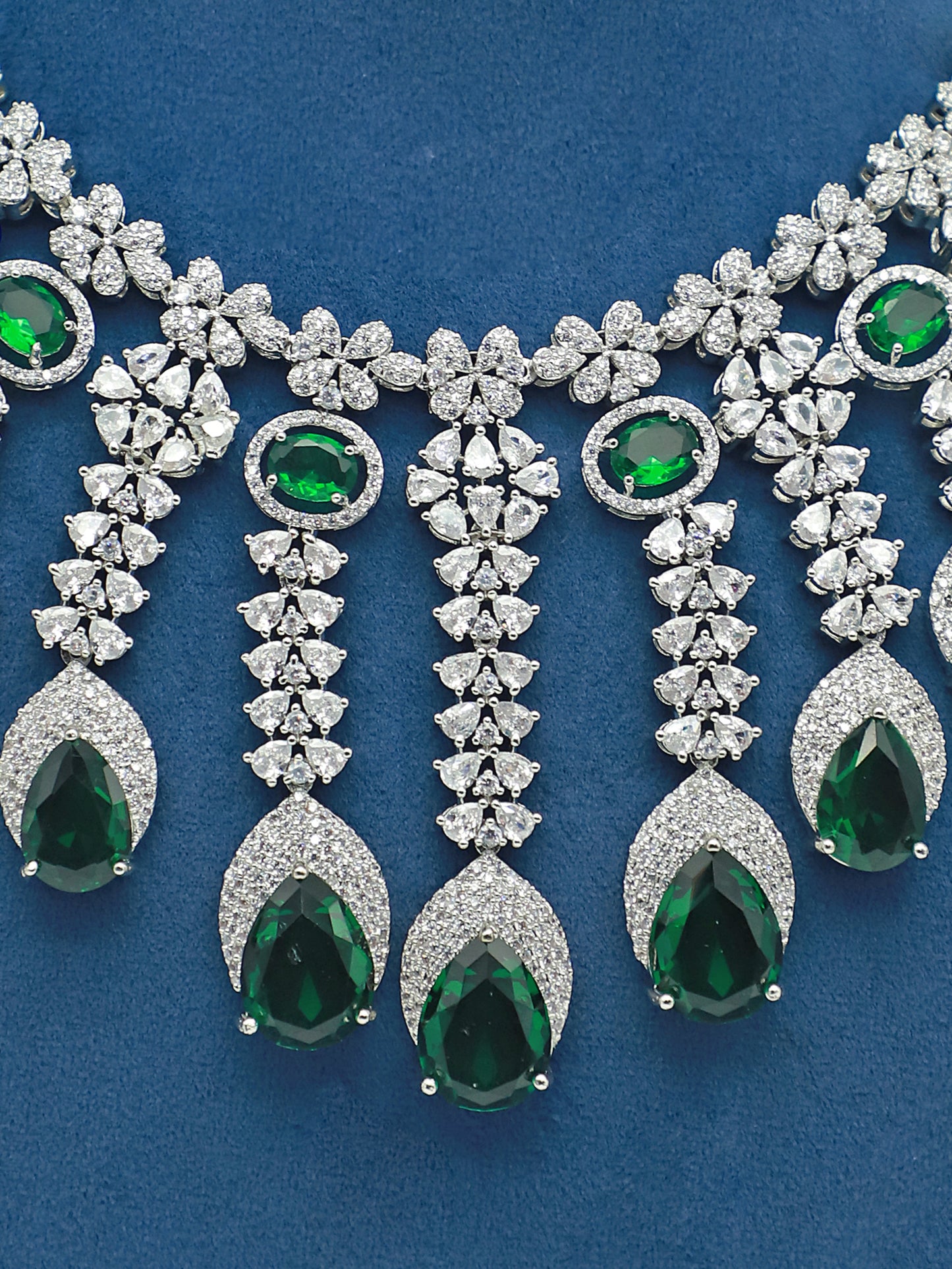 Elegant White American Diamond Necklace with green Highlights and Paired Earrings