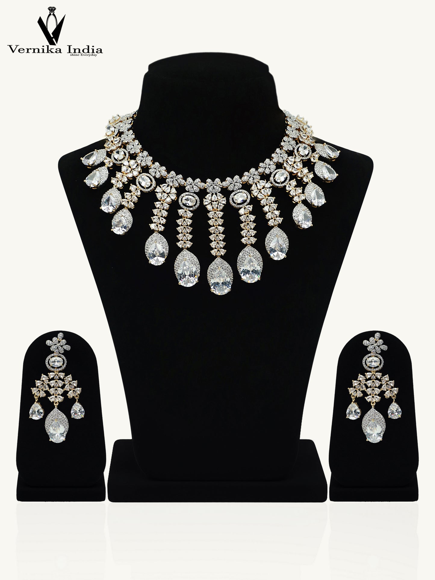 Elegant White American Diamond Necklace with White And Gold Highlights and Paired Earrings