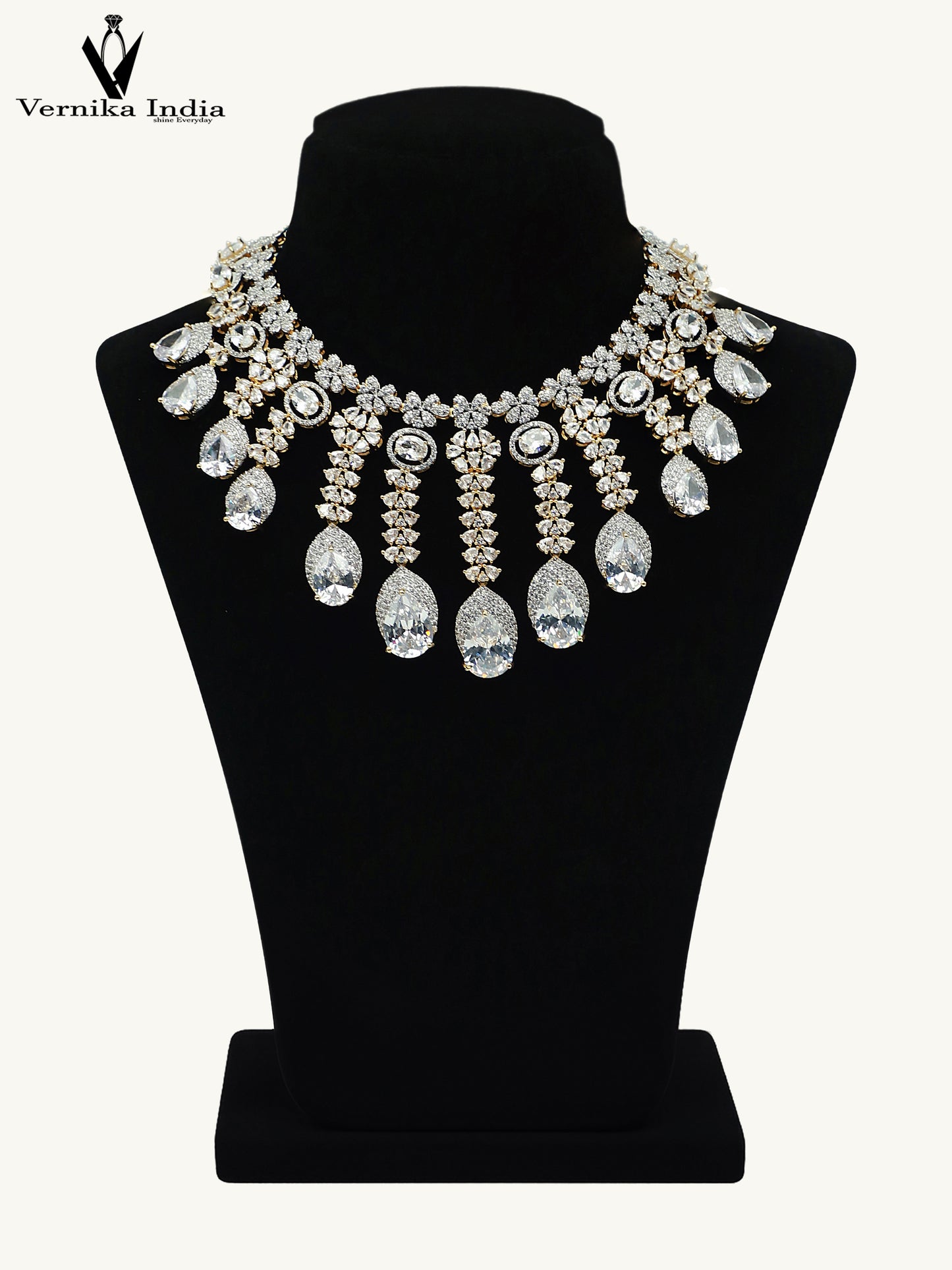 Elegant White American Diamond Necklace with White And Gold Highlights and Paired Earrings