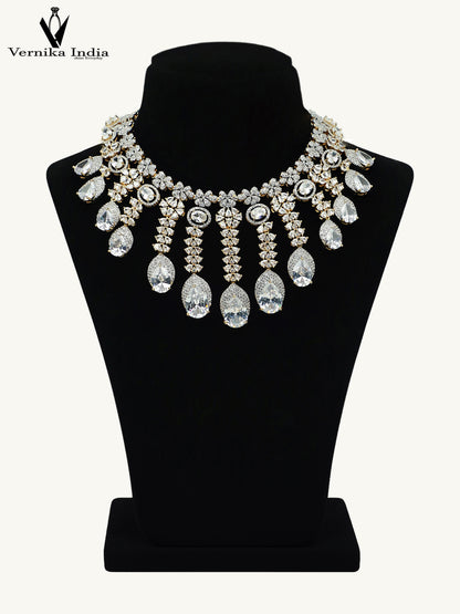 Elegant White American Diamond Necklace with White And Gold Highlights and Paired Earrings