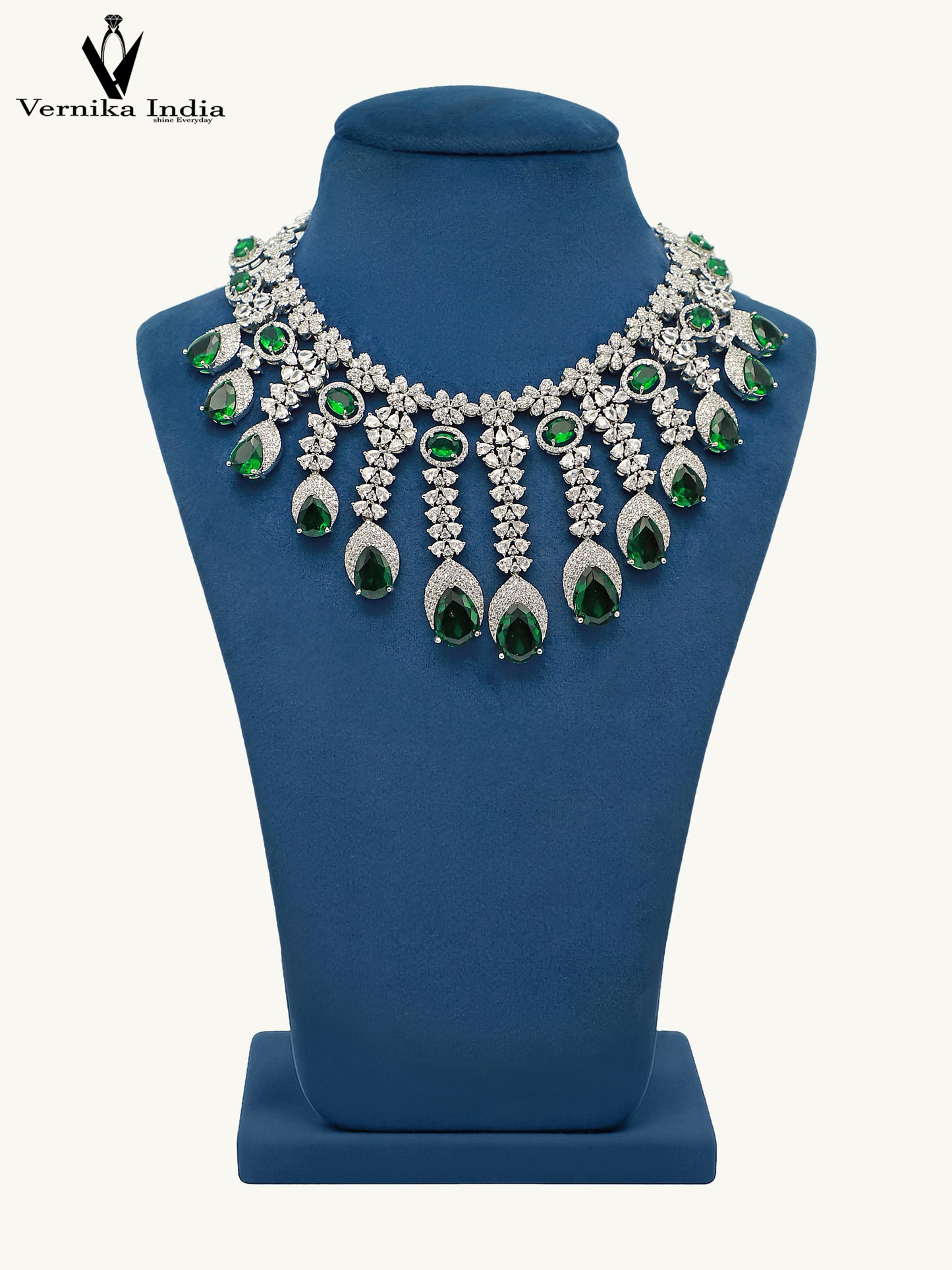 Elegant White American Diamond Necklace with green Highlights and Paired Earrings