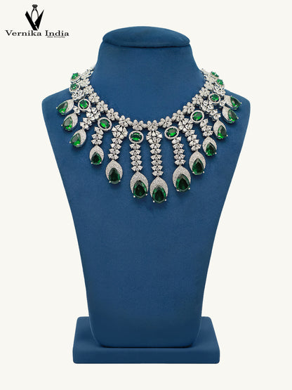 Elegant White American Diamond Necklace with green Highlights and Paired Earrings
